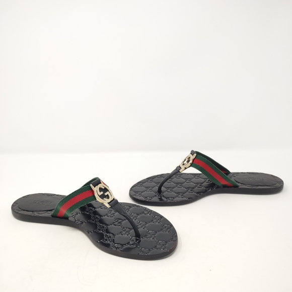 Gucci lifford 37.5 thong double G sandals leather logo ribbon flip flops - Picture 3 of 14